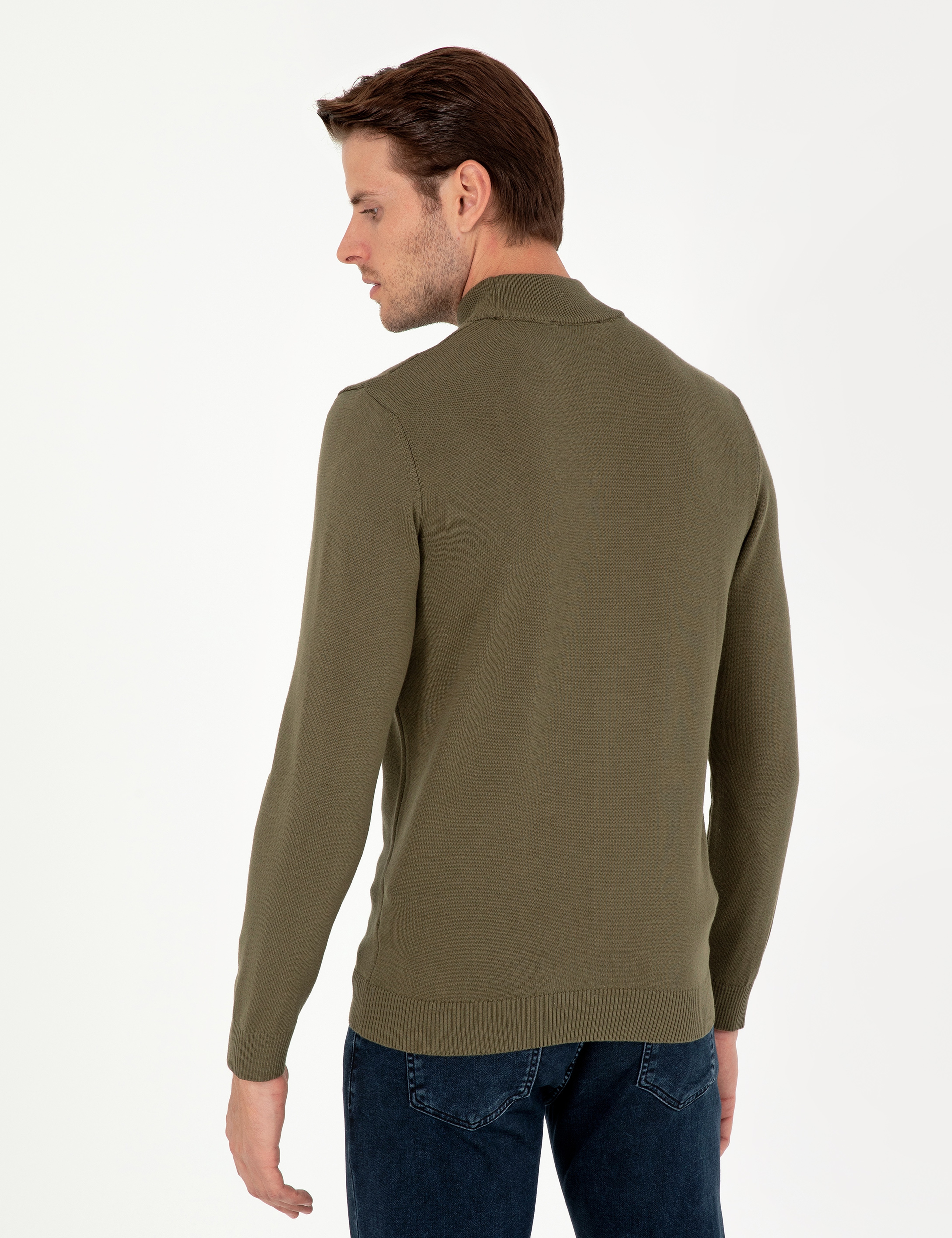 Koyu Haki Slim Fit Yarım Balıkçı Yaka Basic Triko Kazak - Image 5