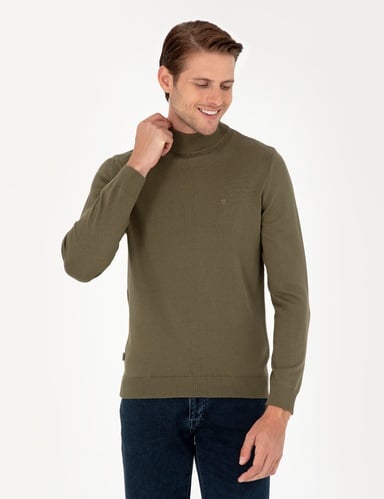Koyu Haki Slim Fit Yarım Balıkçı Yaka Basic Triko Kazak