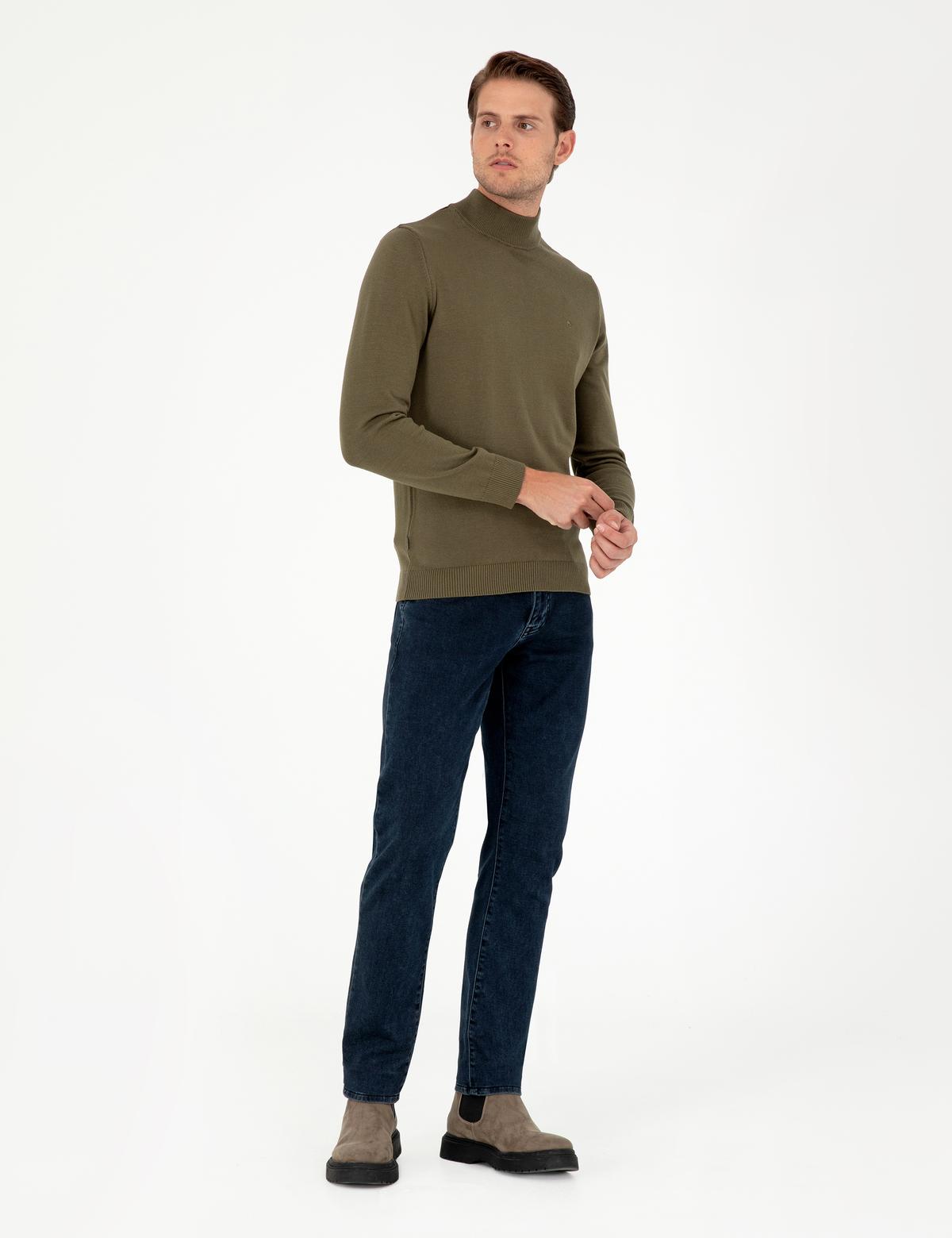 Koyu Haki Slim Fit Yarım Balıkçı Yaka Basic Triko Kazak - 50296548077