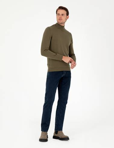 Koyu Haki Slim Fit Yarım Balıkçı Yaka Basic Triko Kazak