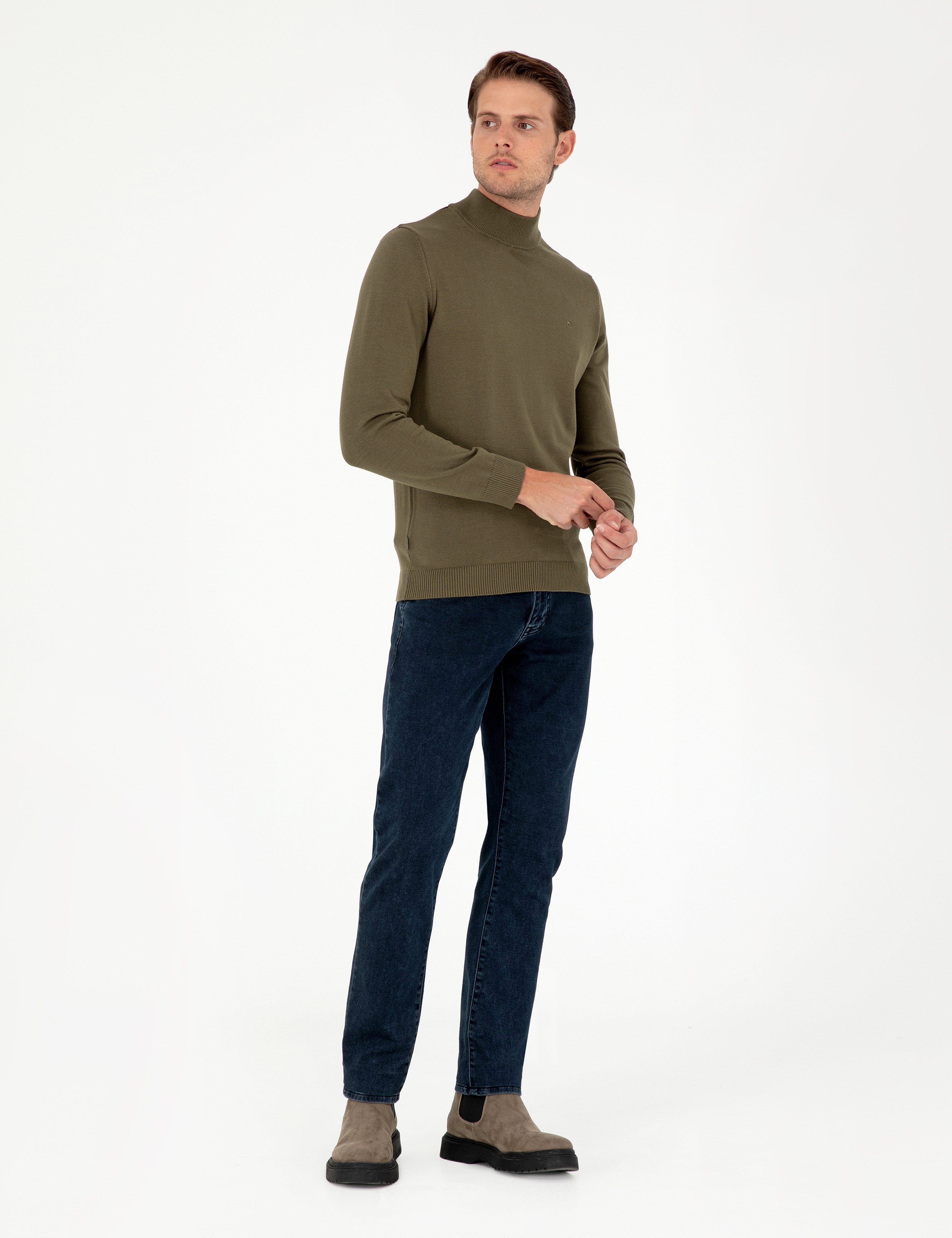 Koyu Haki Slim Fit Yarım Balıkçı Yaka Basic Triko Kazak - Image 4