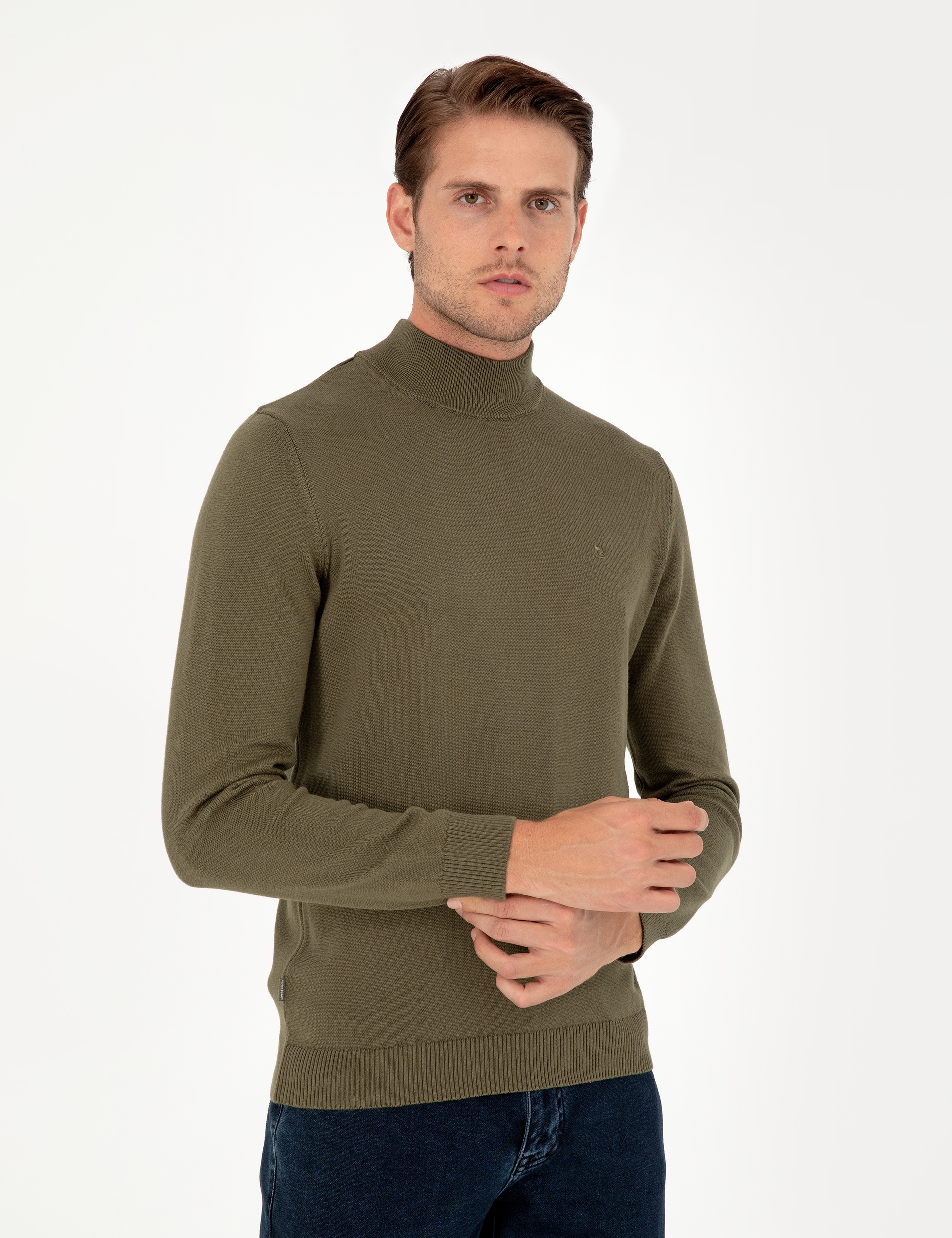 Koyu Haki Slim Fit Yarım Balıkçı Yaka Basic Triko Kazak