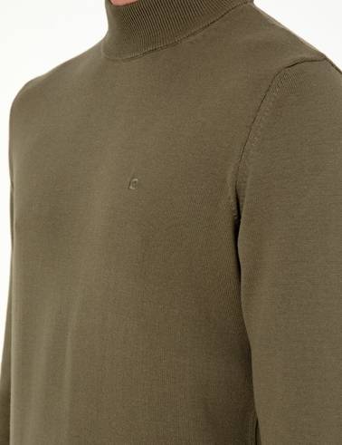 Koyu Haki Slim Fit Yarım Balıkçı Yaka Basic Triko Kazak