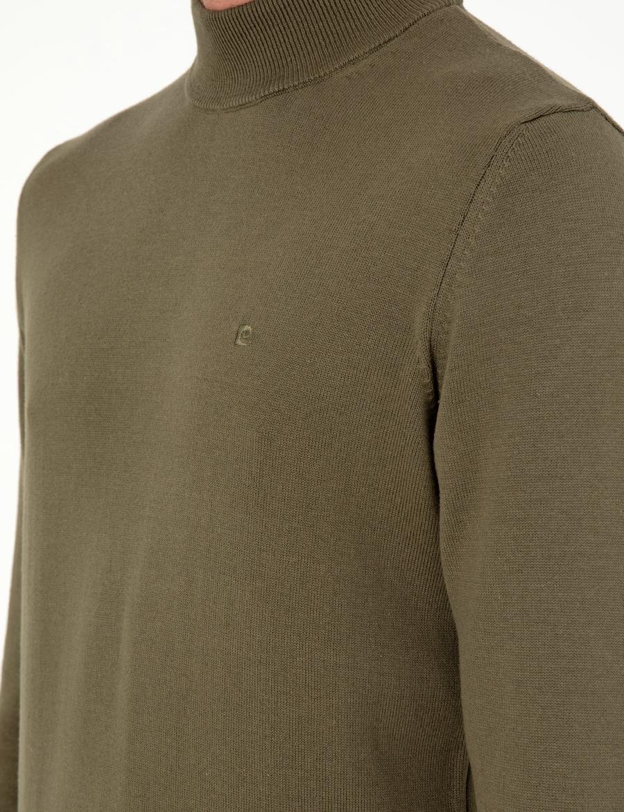 Koyu Haki Slim Fit Yarım Balıkçı Yaka Basic Triko Kazak