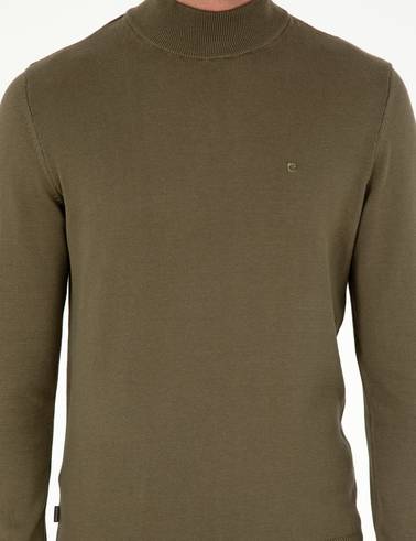 Koyu Haki Slim Fit Yarım Balıkçı Yaka Basic Triko Kazak
