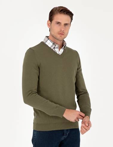 Koyu Haki Slim Fit V Yaka Basic Triko Kazak