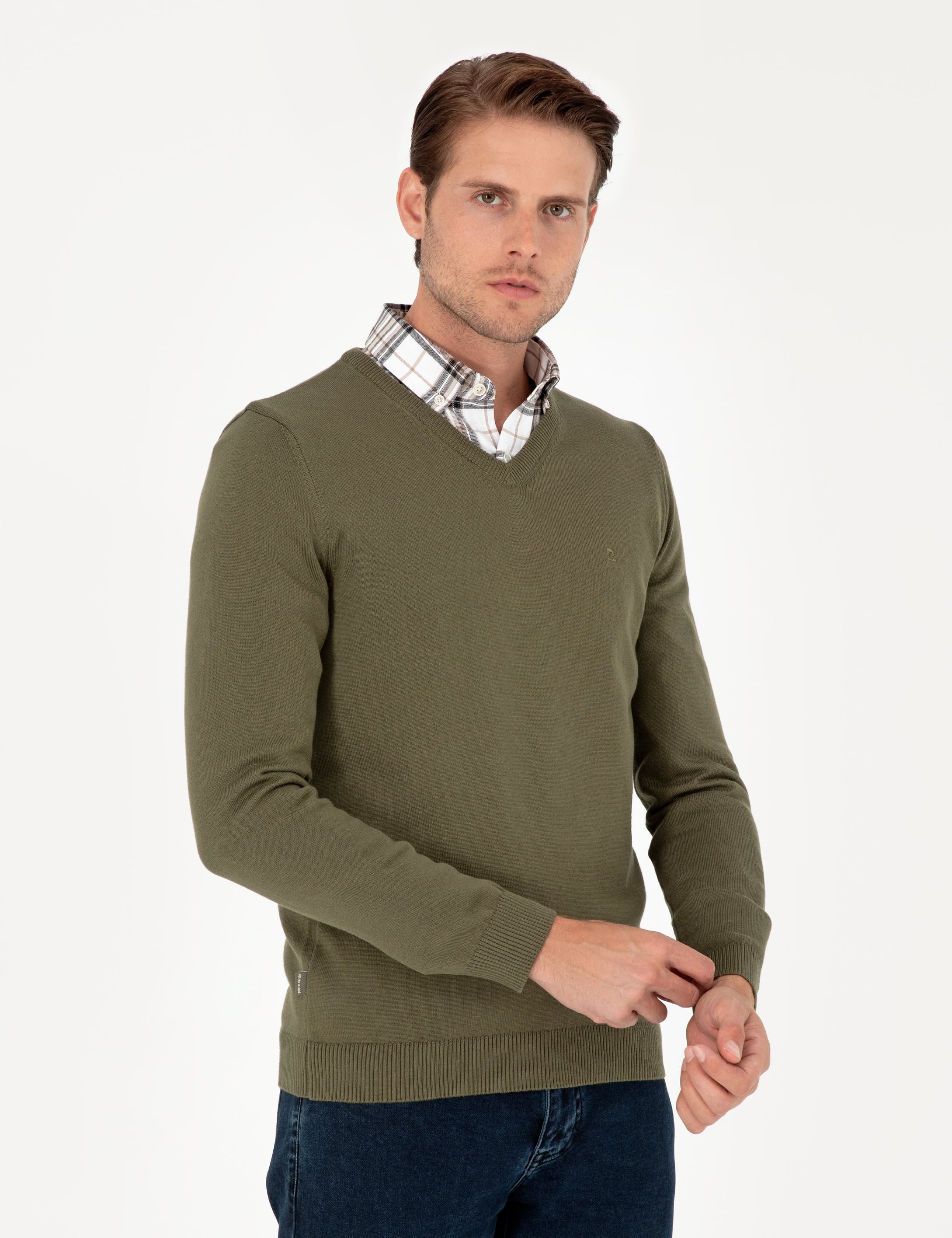 Koyu Haki Slim Fit V Yaka Basic Triko Kazak