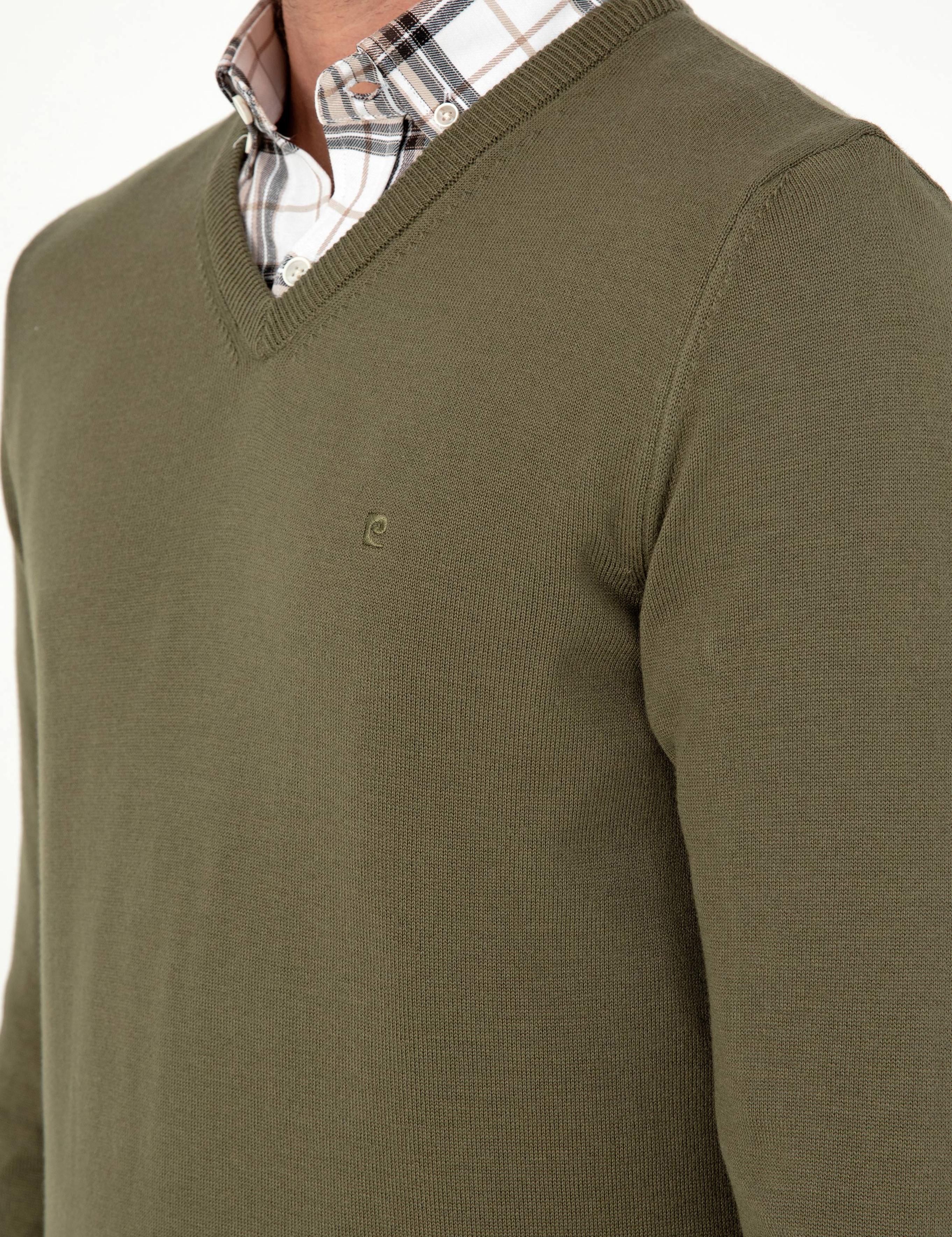 Koyu Haki Slim Fit V Yaka Basic Triko Kazak