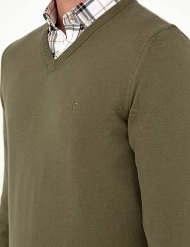 Koyu Haki Slim Fit V Yaka Basic Triko Kazak