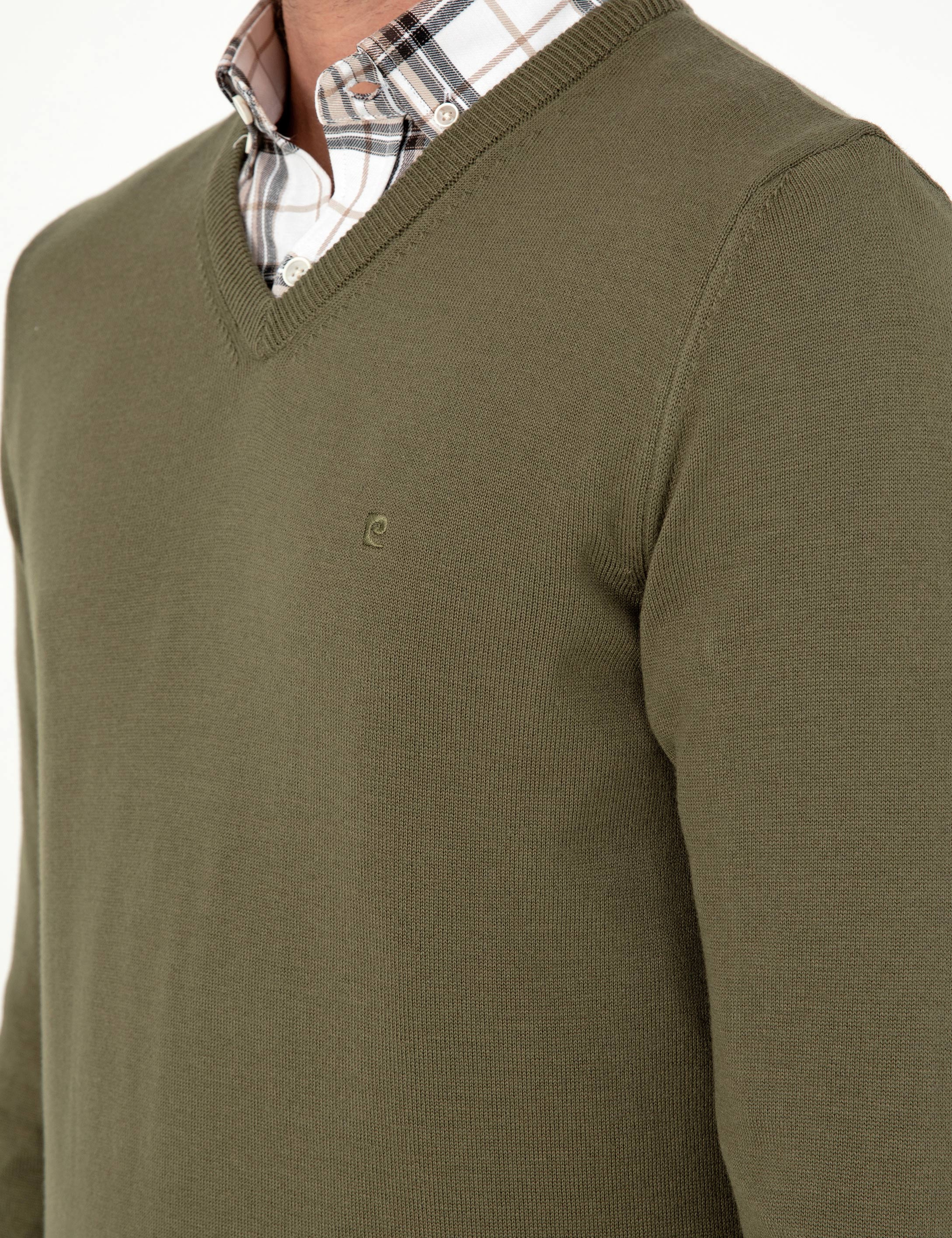 Koyu Haki Slim Fit V Yaka Basic Triko Kazak