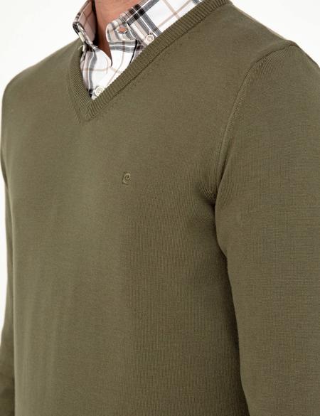 Koyu Haki Slim Fit V Yaka Basic Triko Kazak - 50296583023