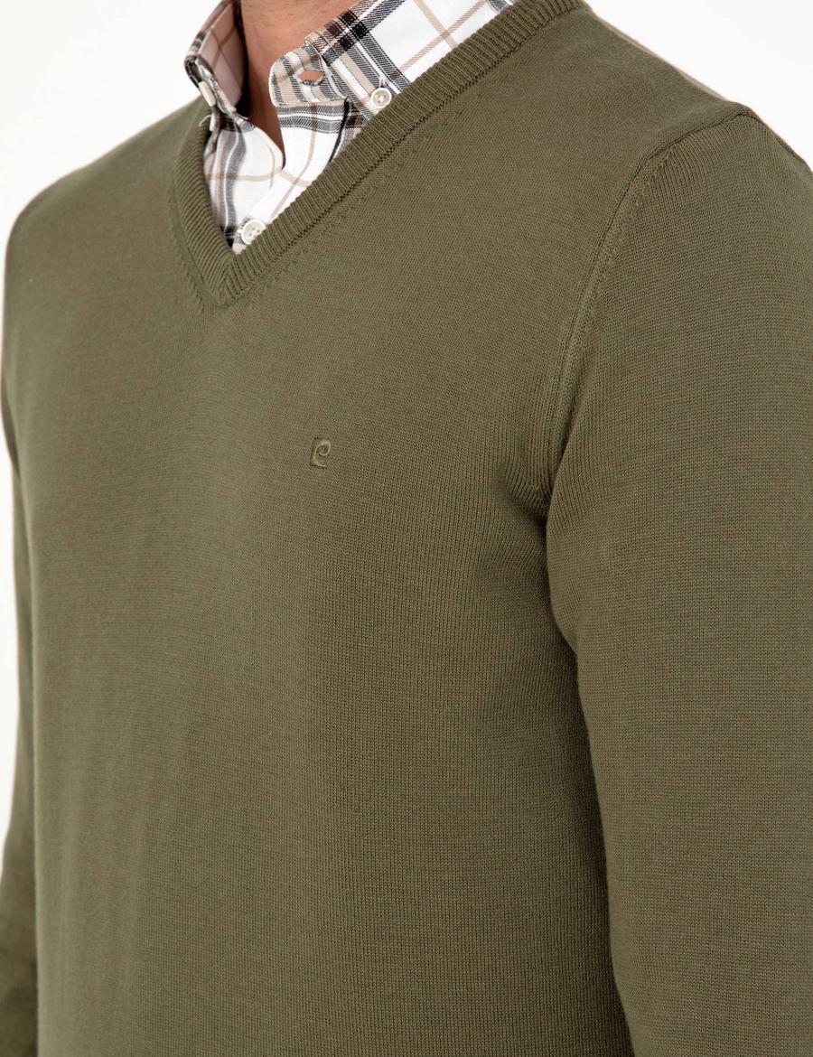 Koyu Haki Slim Fit V Yaka Basic Triko Kazak