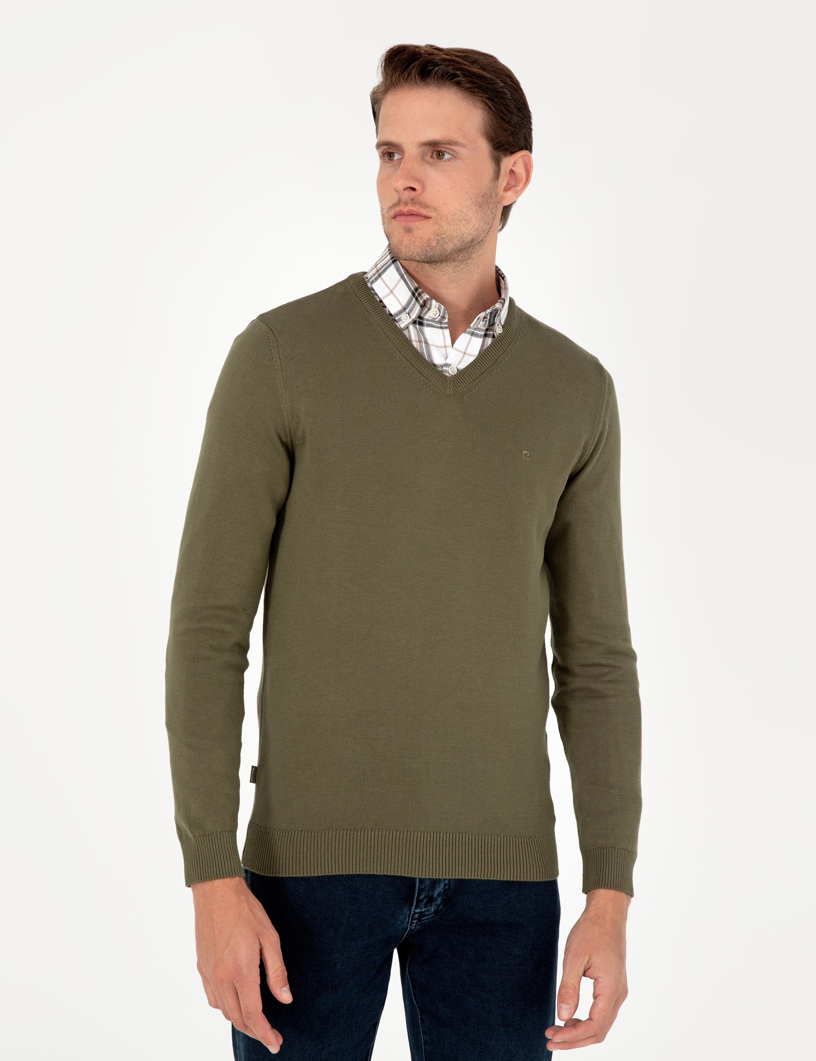 Koyu Haki Slim Fit V Yaka Basic Triko Kazak