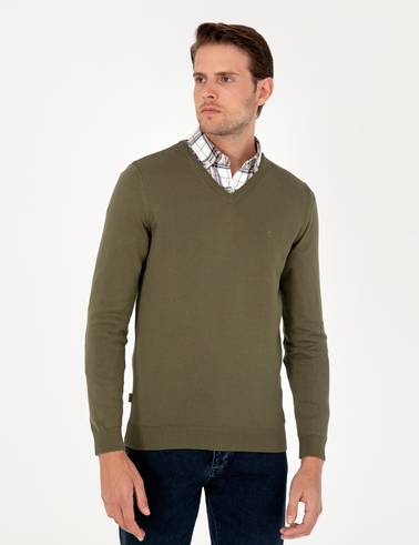 Koyu Haki Slim Fit V Yaka Basic Triko Kazak