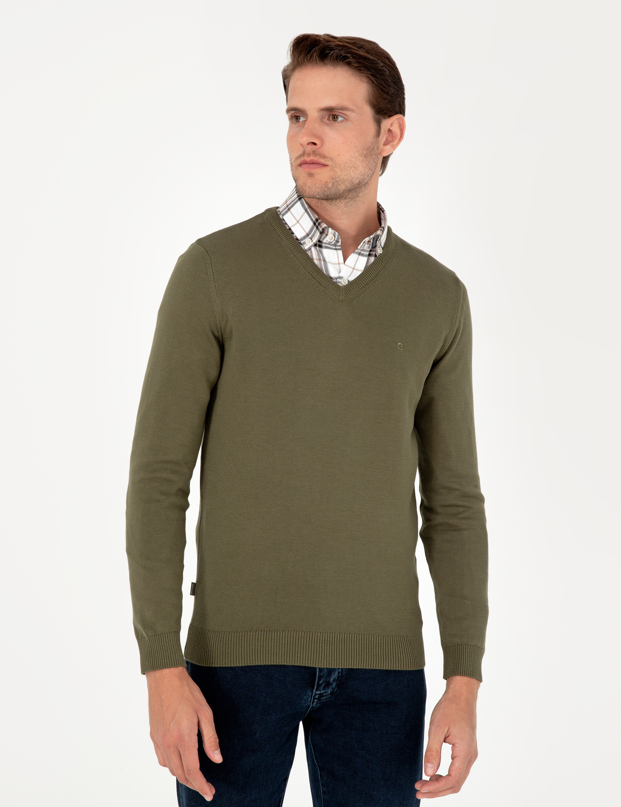 Koyu Haki Slim Fit V Yaka Basic Triko Kazak - Image 3