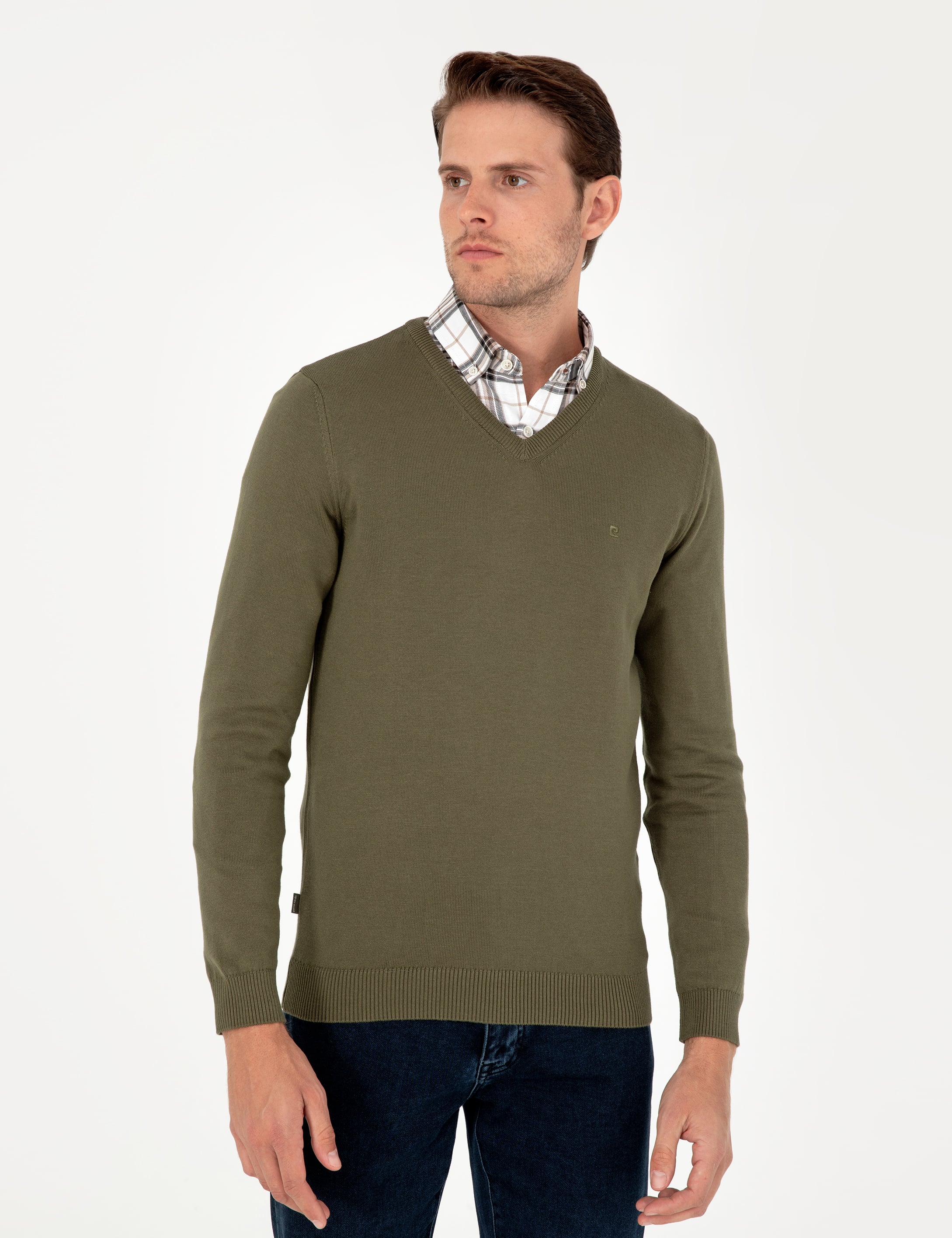 Koyu Haki Slim Fit V Yaka Basic Triko Kazak