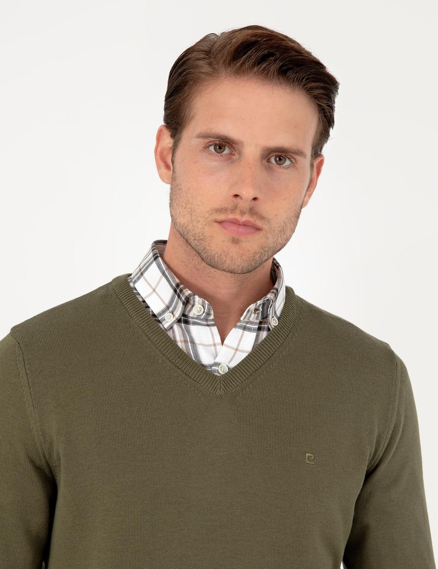 Koyu Haki Slim Fit V Yaka Basic Triko Kazak