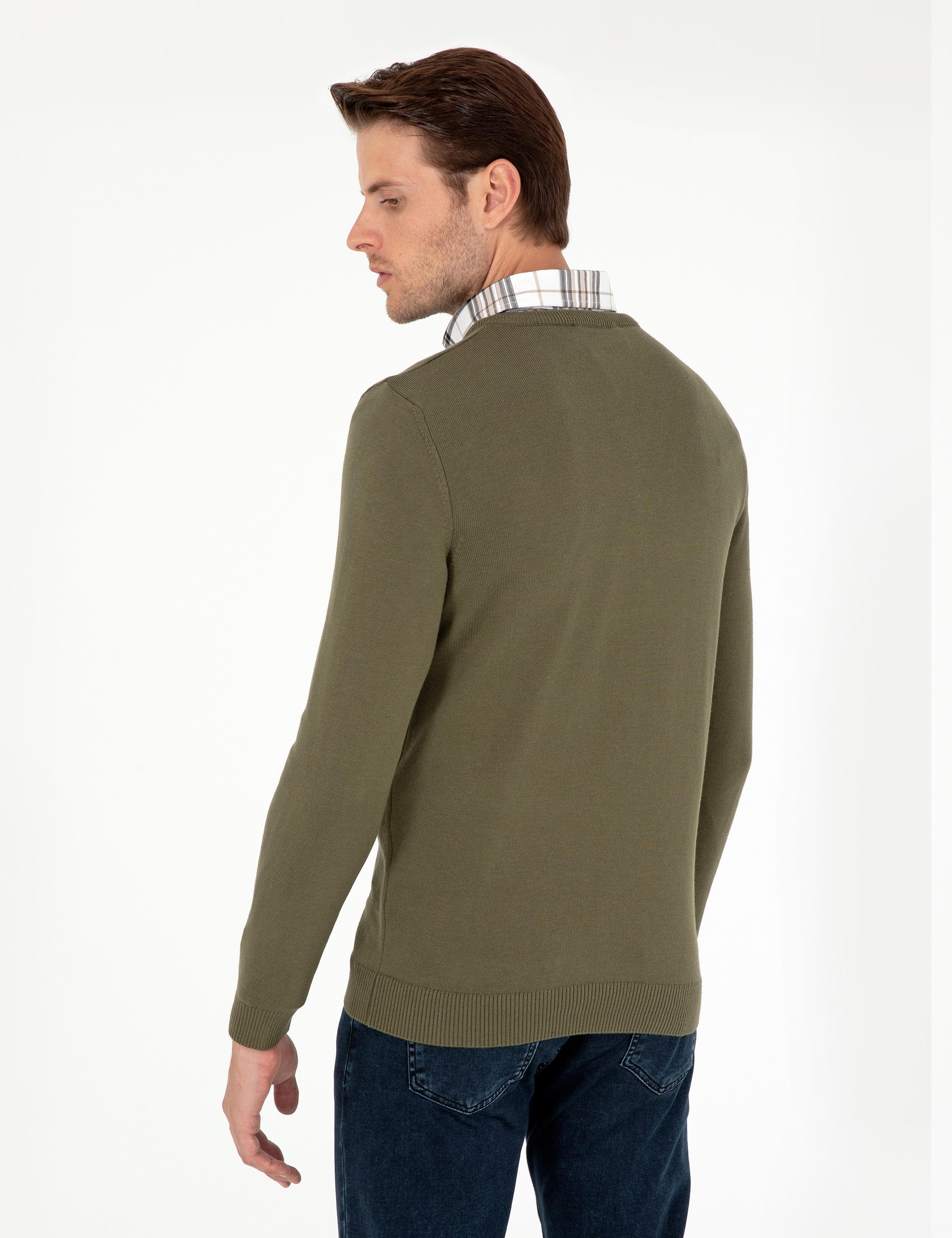 Koyu Haki Slim Fit V Yaka Basic Triko Kazak