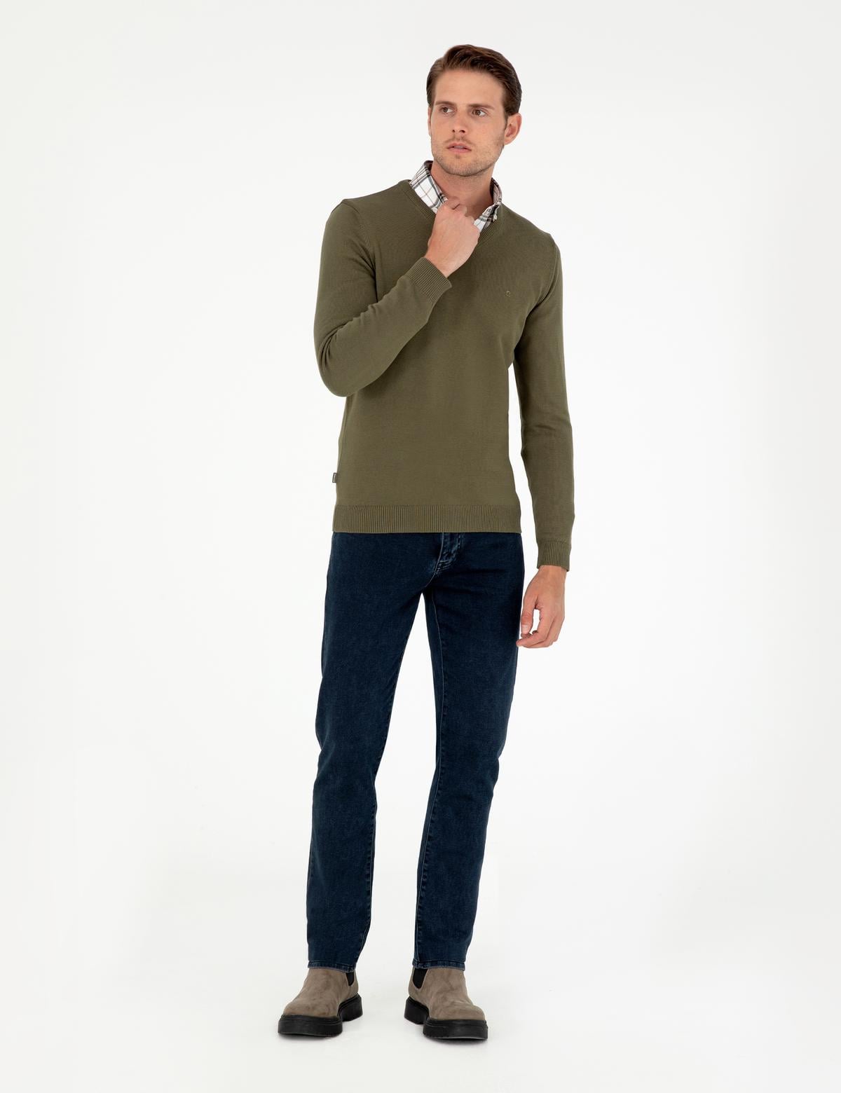 Koyu Haki Slim Fit V Yaka Basic Triko Kazak - 50296583023