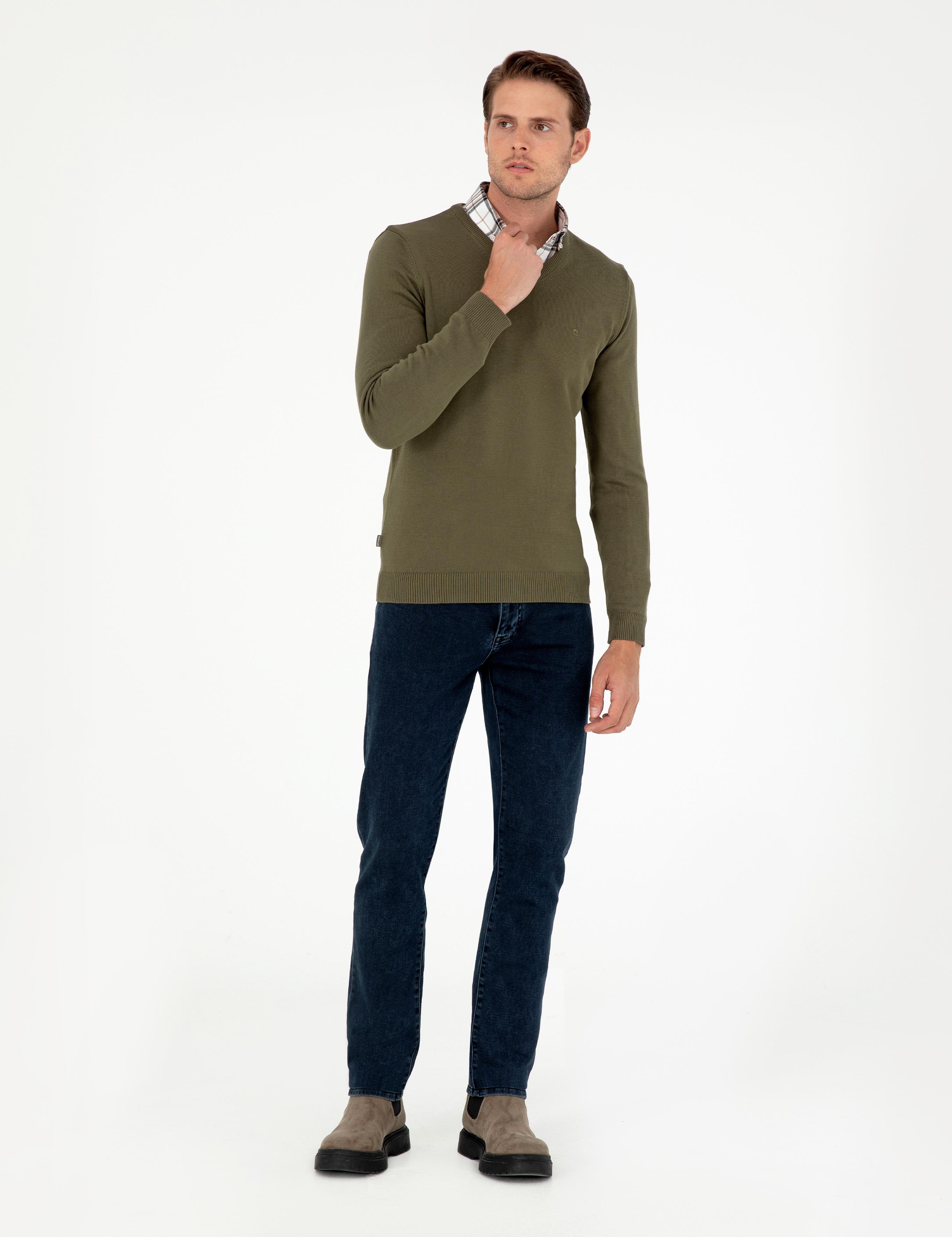Koyu Haki Slim Fit V Yaka Basic Triko Kazak
