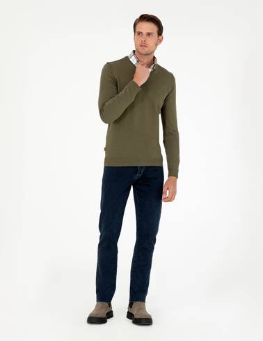 Koyu Haki Slim Fit V Yaka Basic Triko Kazak