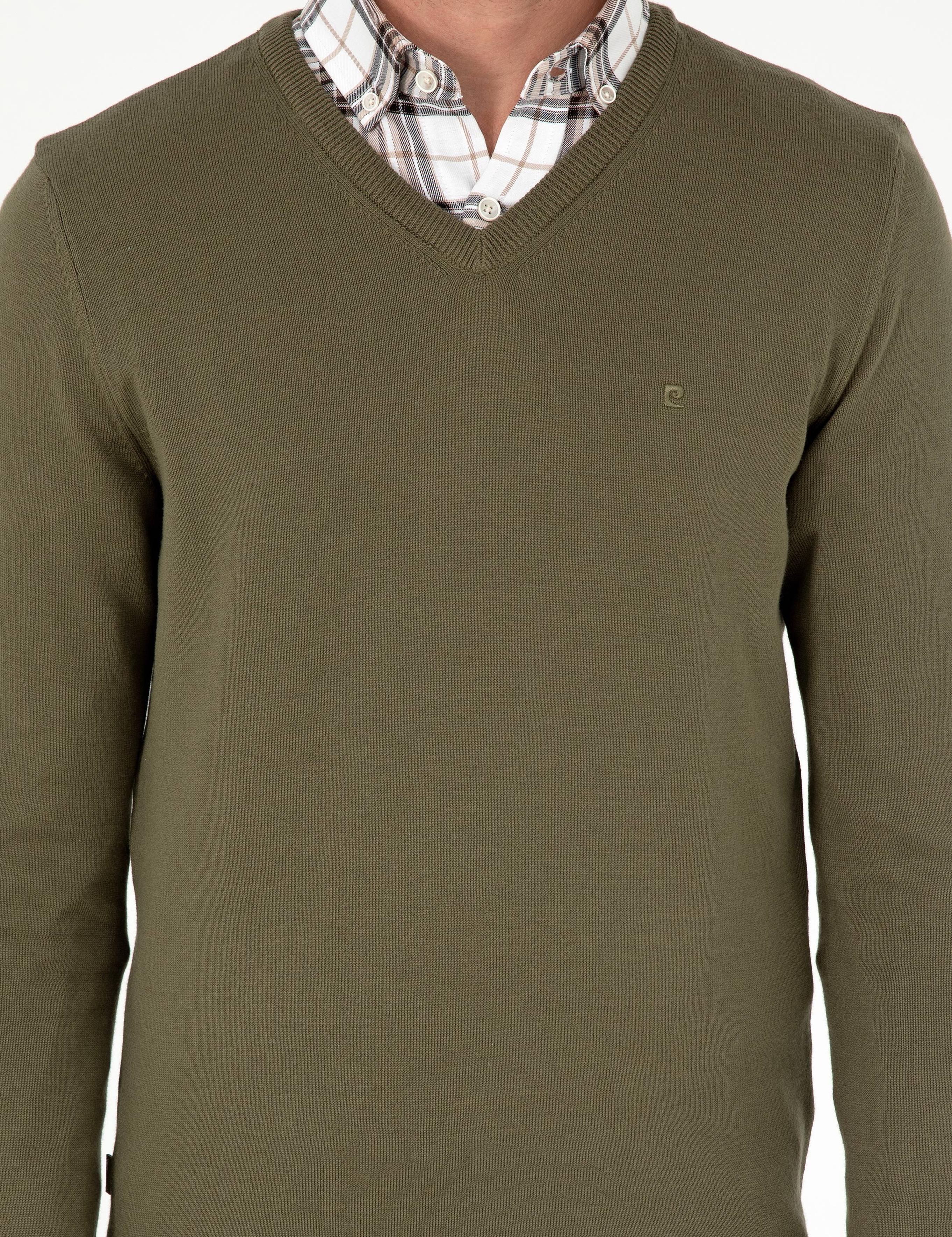 Koyu Haki Slim Fit V Yaka Basic Triko Kazak