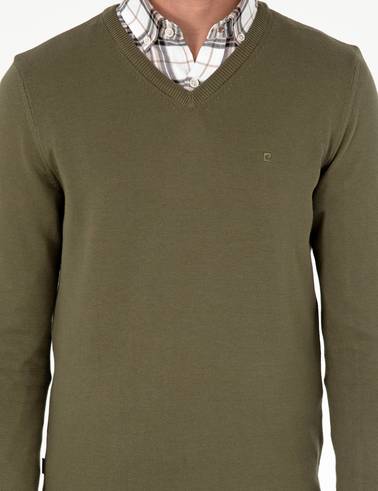 Koyu Haki Slim Fit V Yaka Basic Triko Kazak