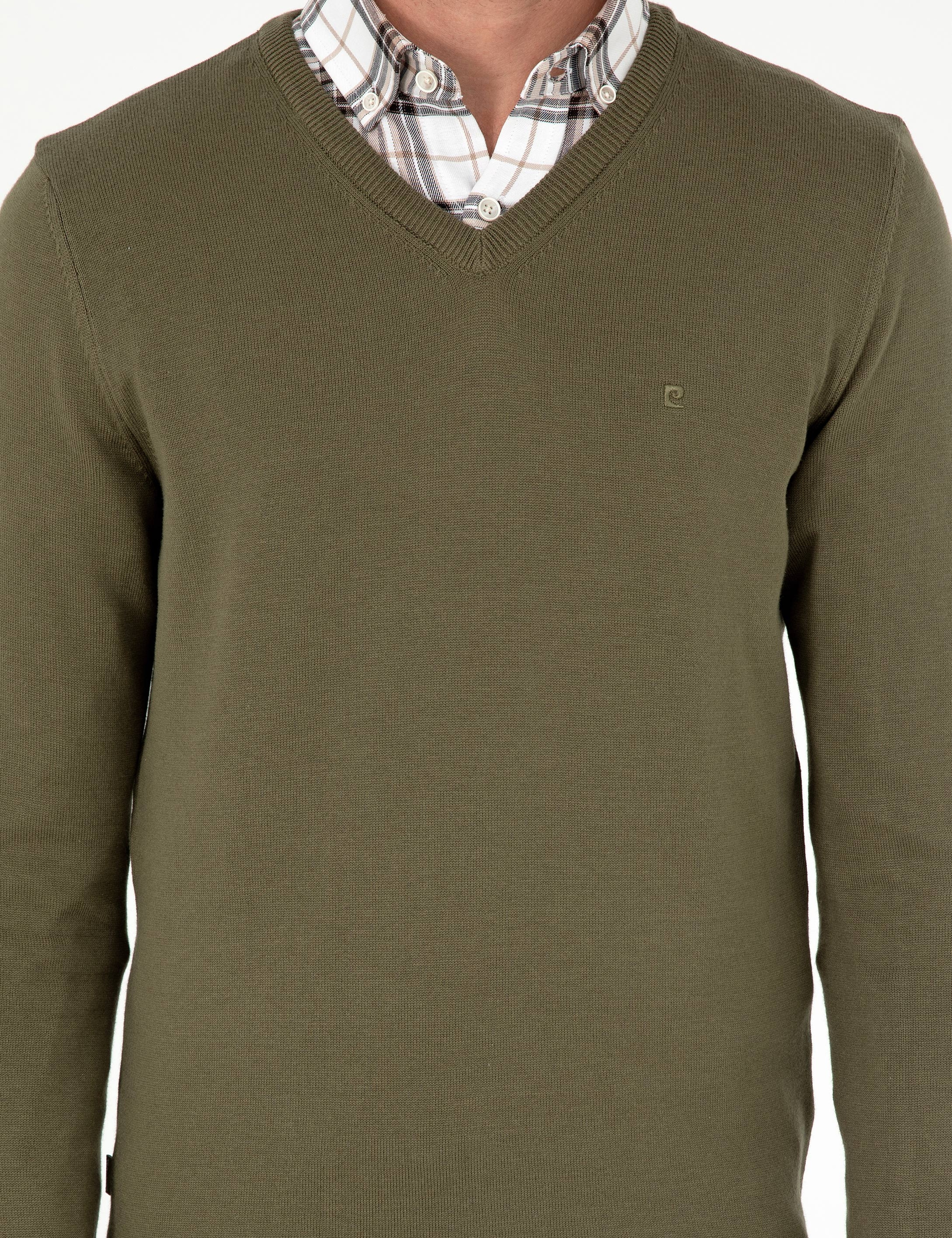 Koyu Haki Slim Fit V Yaka Basic Triko Kazak - Image 6