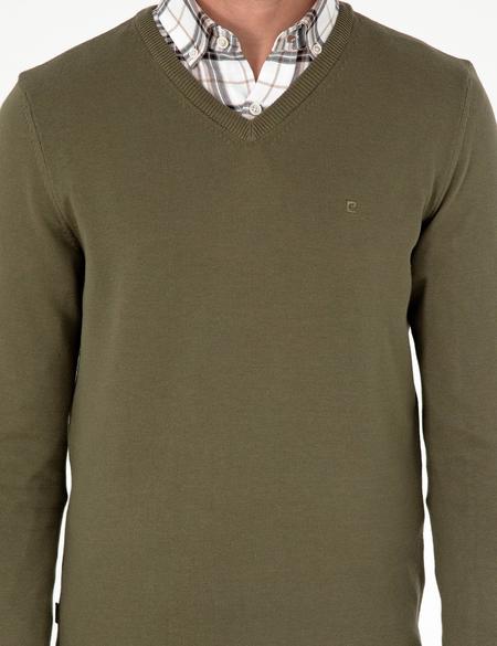 Koyu Haki Slim Fit V Yaka Basic Triko Kazak - 50296583023