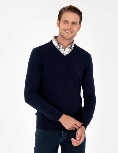 Lacivert Slim Fit V Yaka Basic Triko Kazak