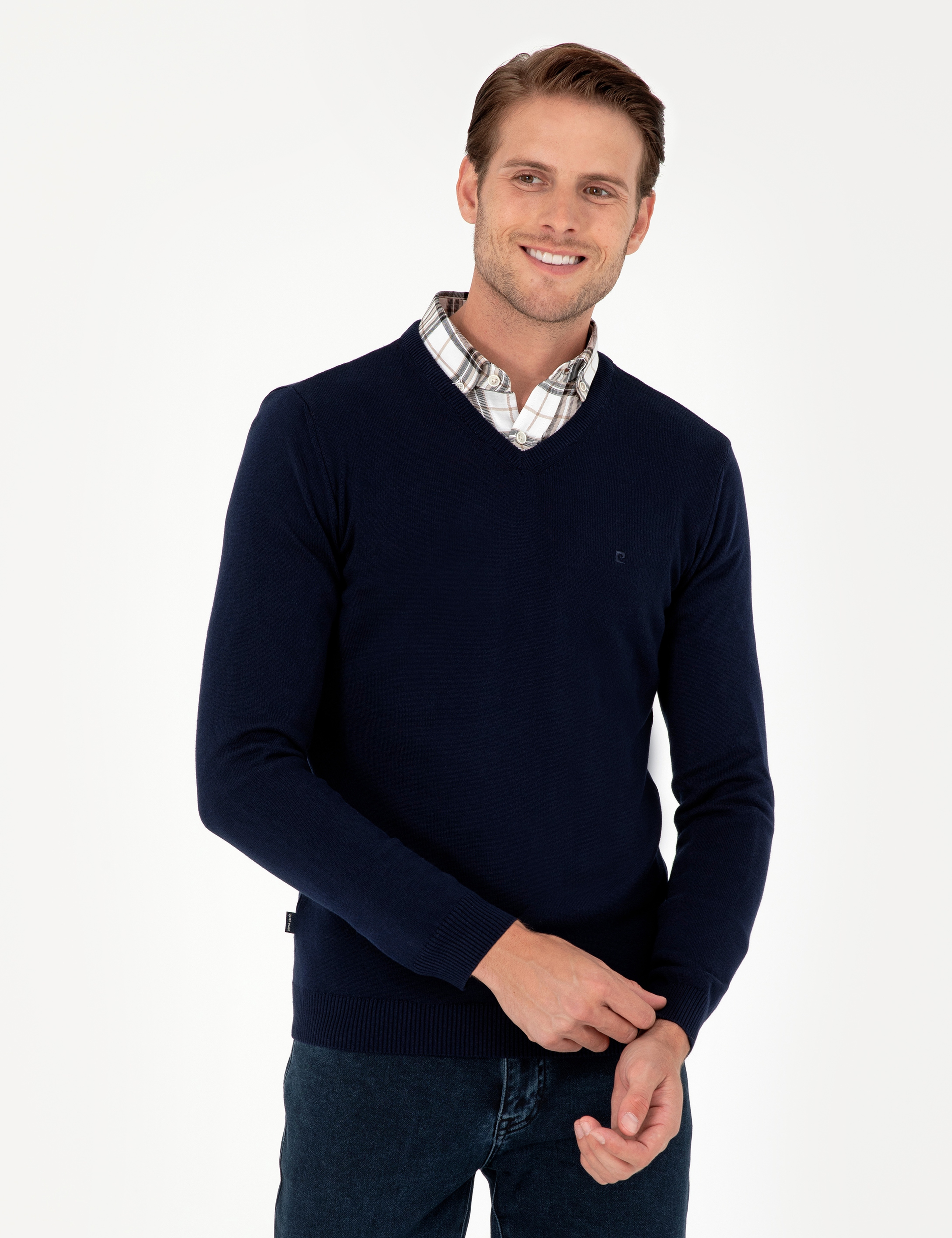Lacivert Slim Fit V Yaka Basic Triko Kazak - Image 1