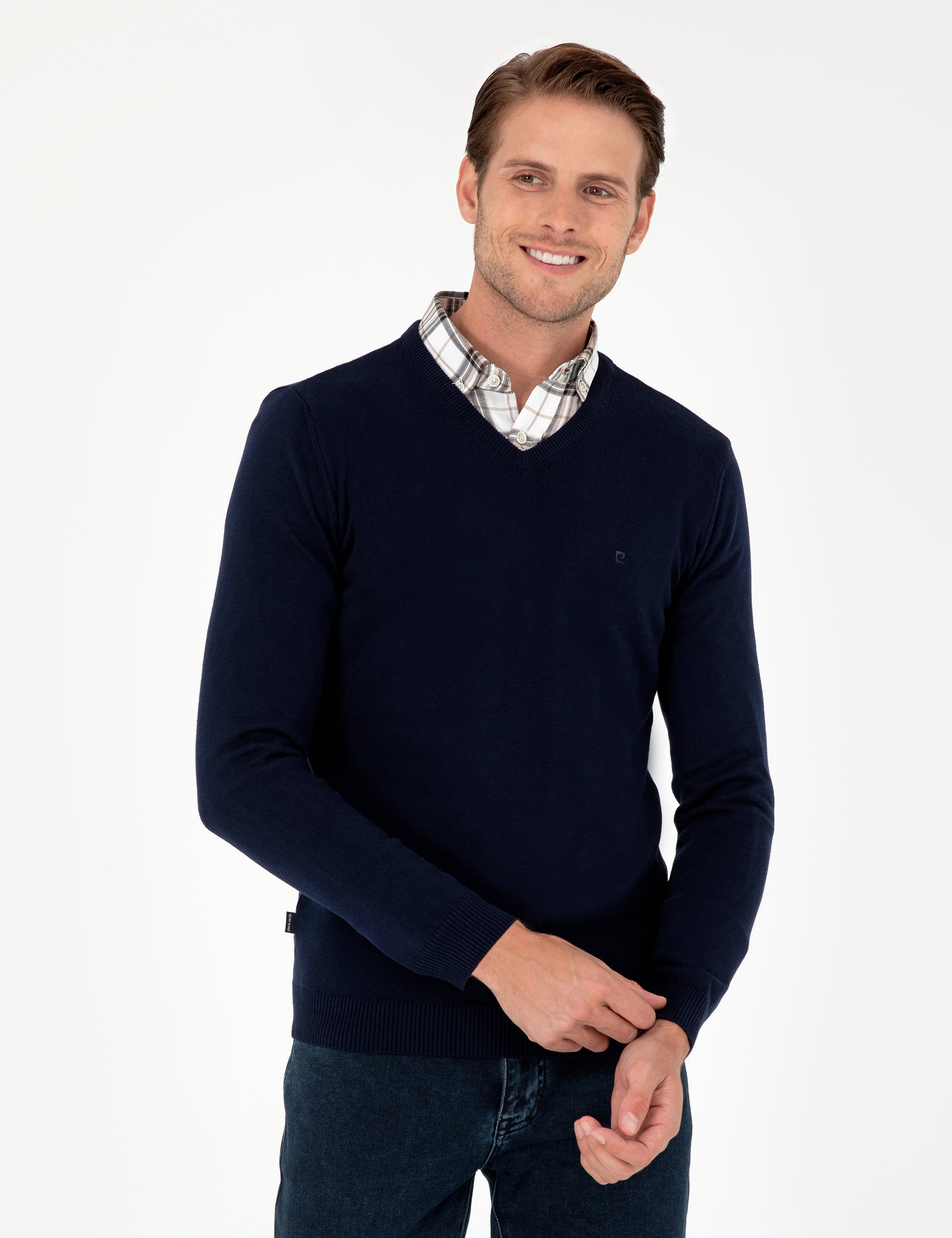 Lacivert Slim Fit V Yaka Basic Triko Kazak