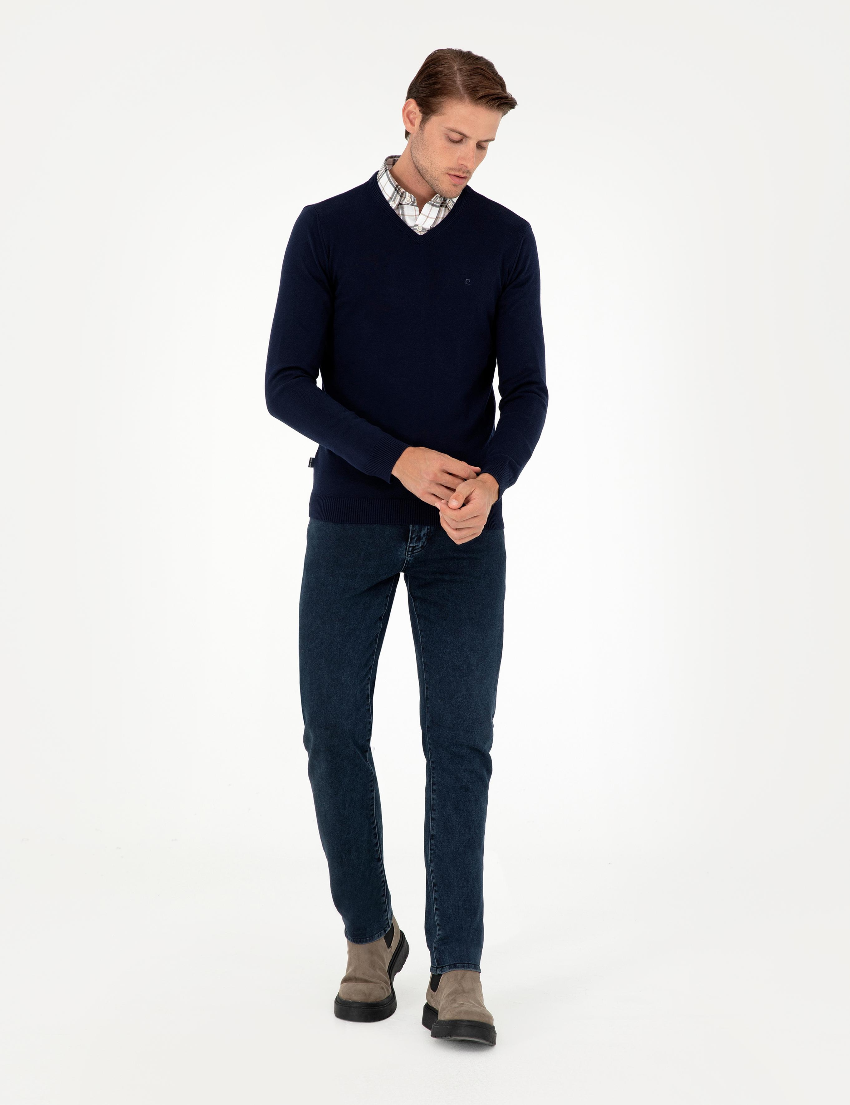 Lacivert Slim Fit V Yaka Basic Triko Kazak