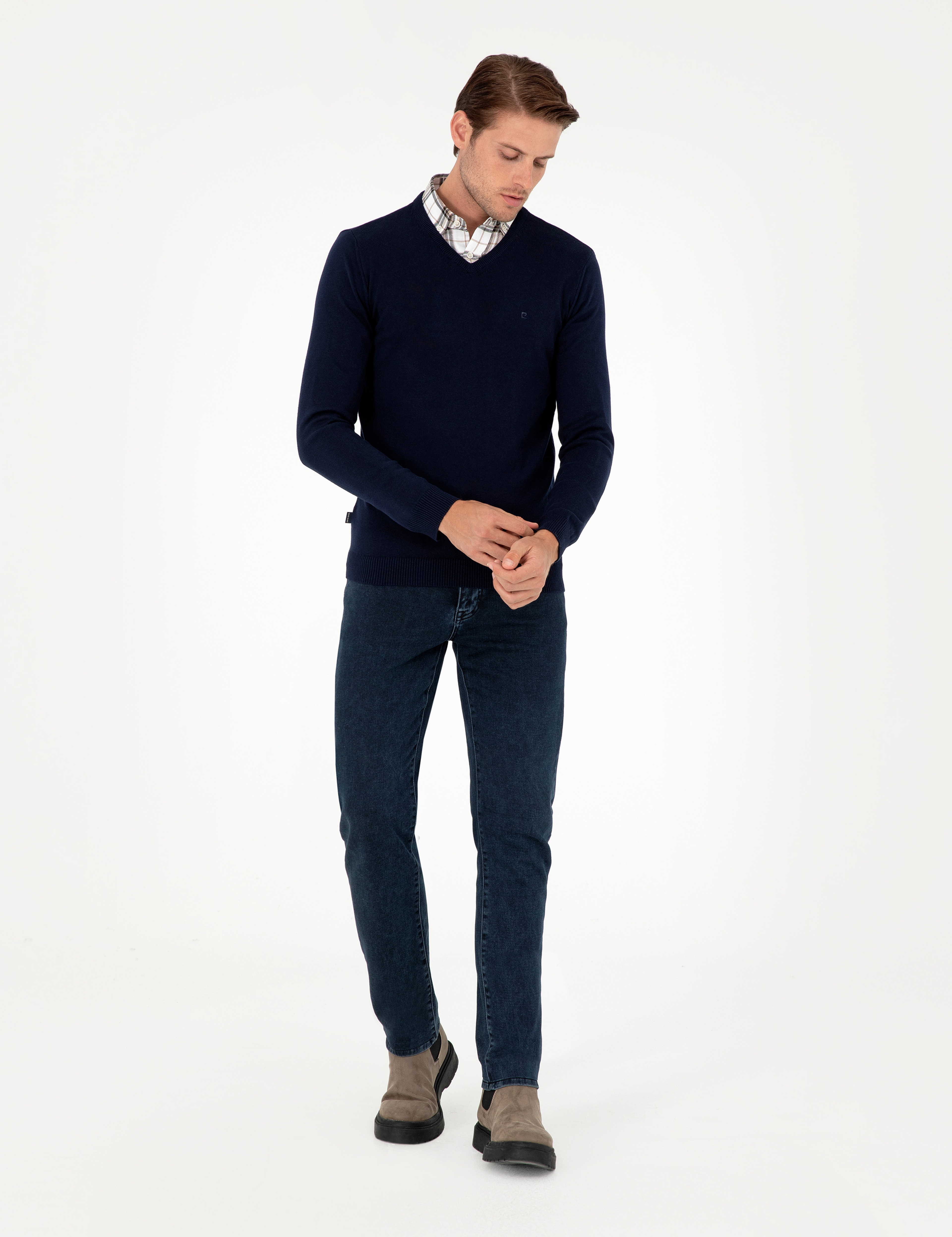 Lacivert Slim Fit V Yaka Basic Triko Kazak - Image 4