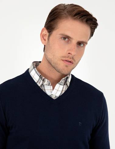 Lacivert Slim Fit V Yaka Basic Triko Kazak