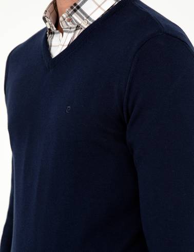 Lacivert Slim Fit V Yaka Basic Triko Kazak