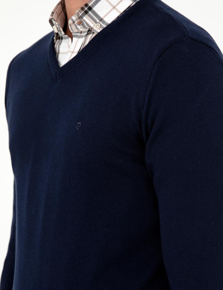 Lacivert Slim Fit V Yaka Basic Triko Kazak