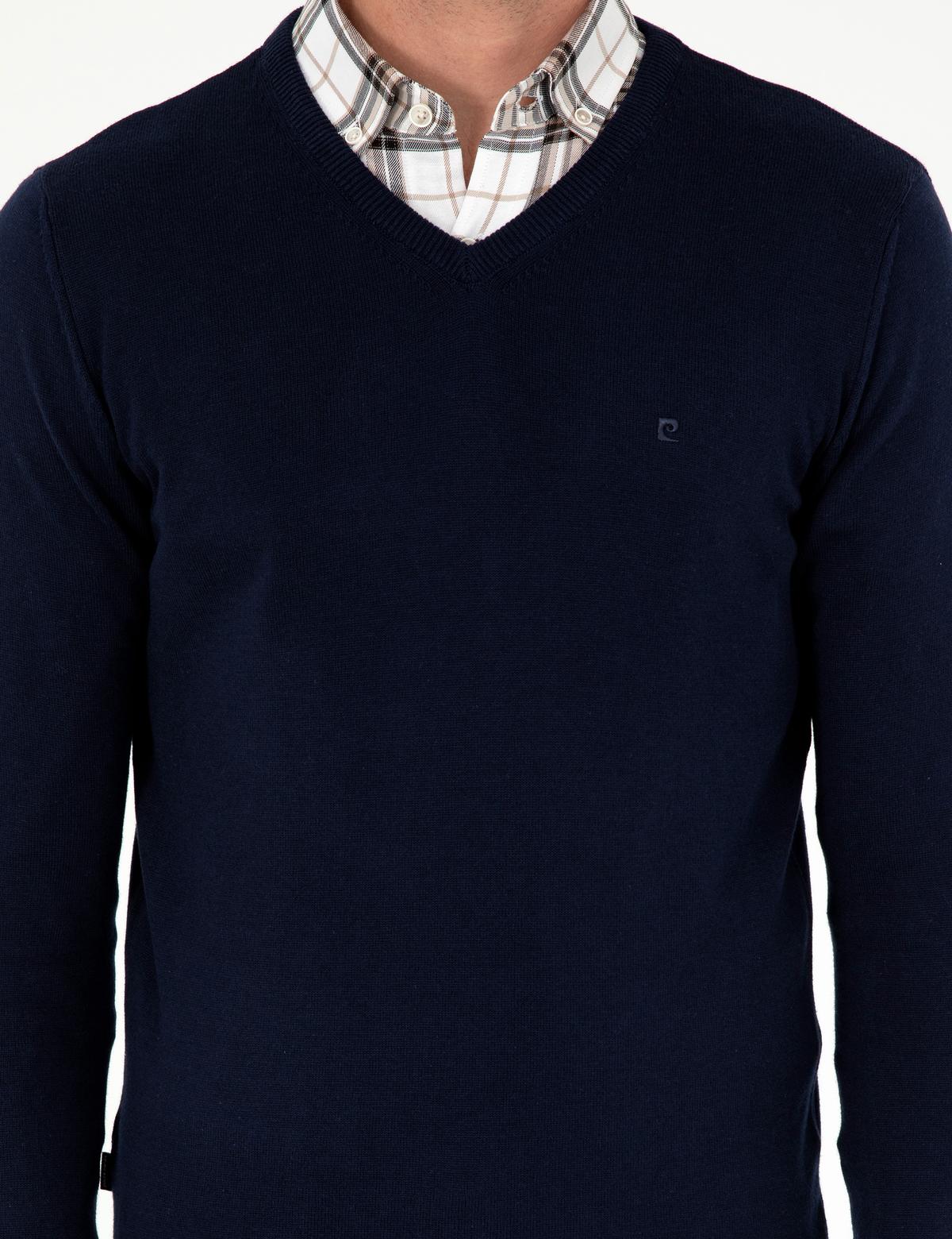 Lacivert Slim Fit V Yaka Basic Triko Kazak - 50296583013