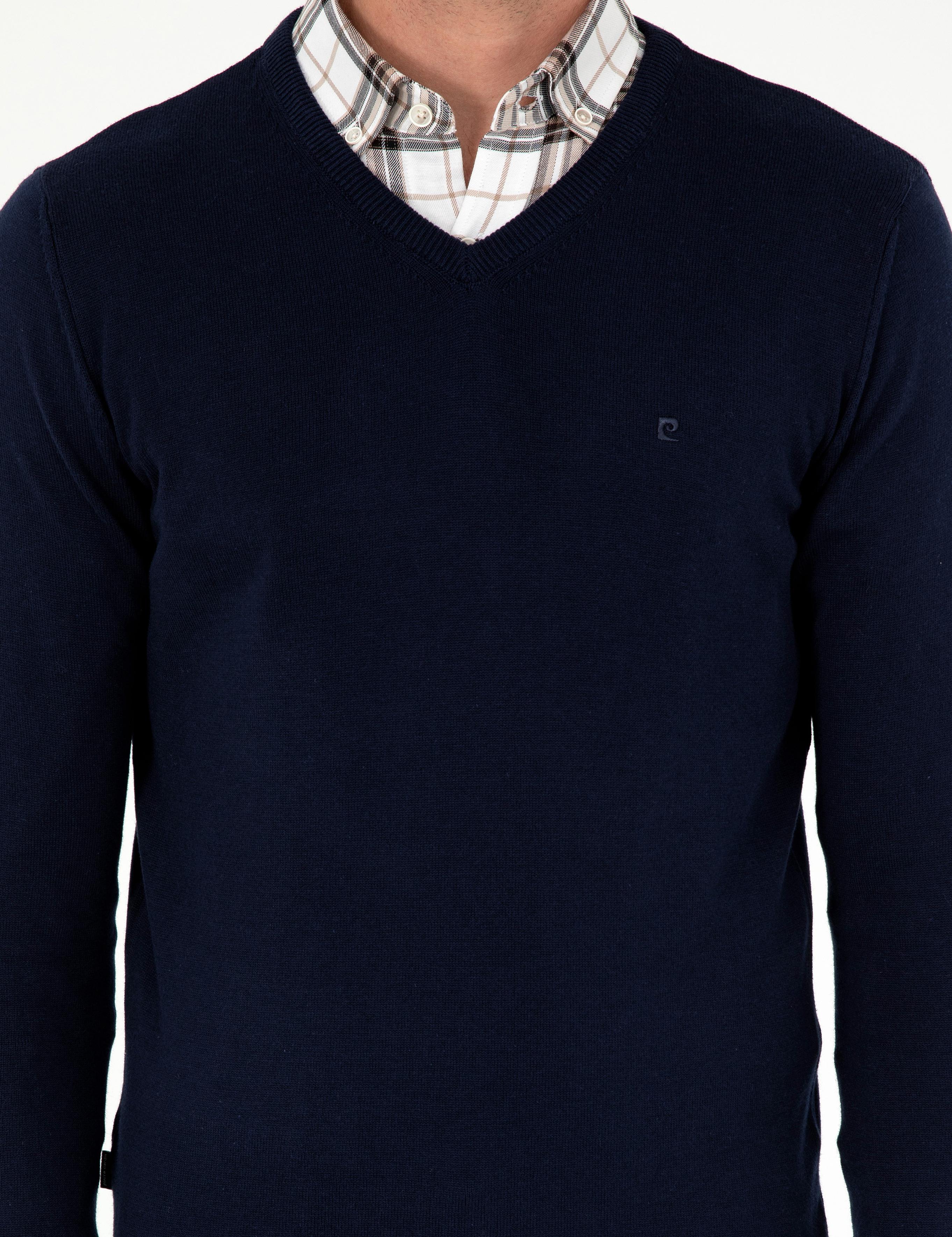 Lacivert Slim Fit V Yaka Basic Triko Kazak