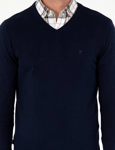 Lacivert Slim Fit V Yaka Basic Triko Kazak