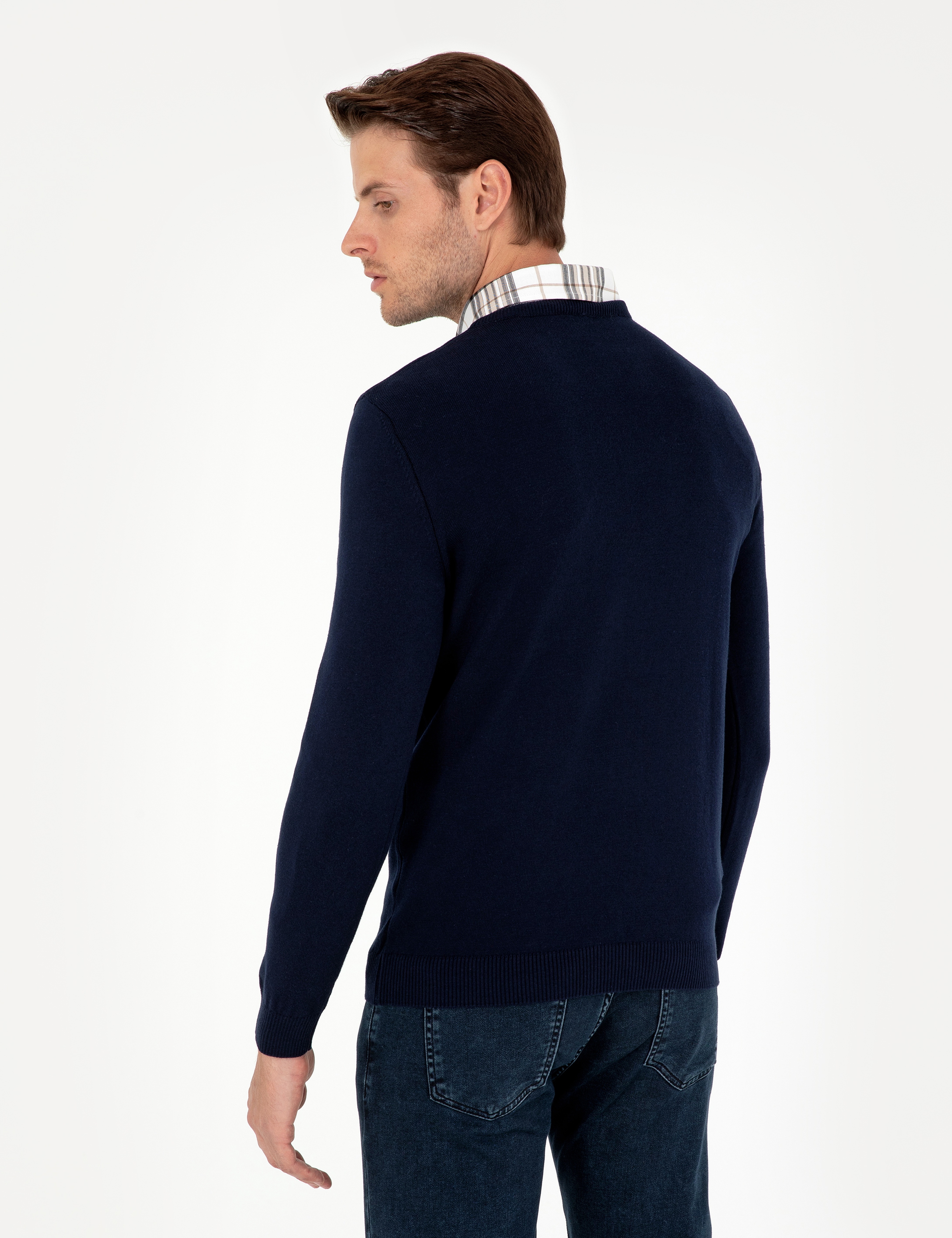 Lacivert Slim Fit V Yaka Basic Triko Kazak - Image 5