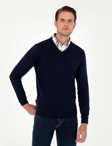 Lacivert Slim Fit V Yaka Basic Triko Kazak