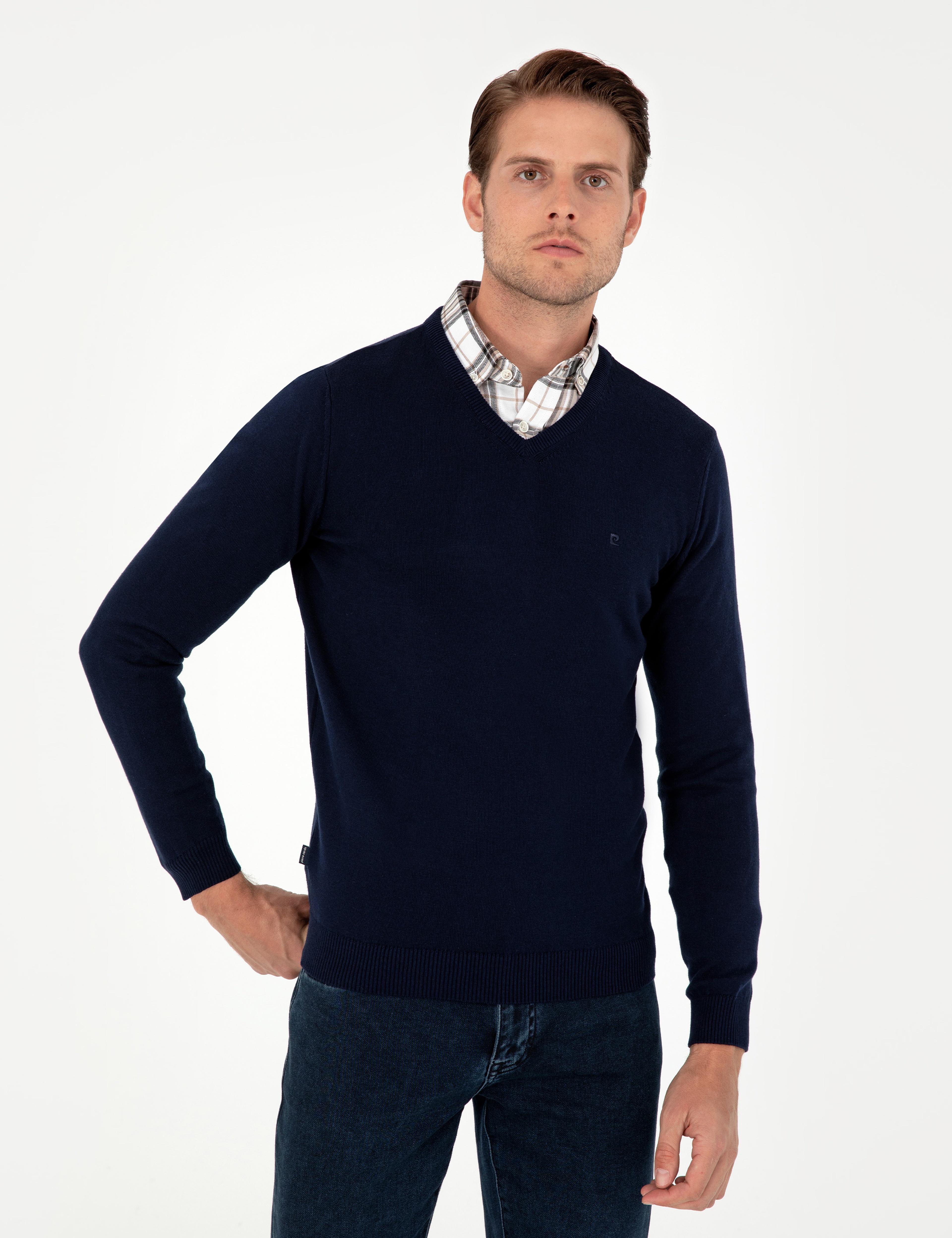 Lacivert Slim Fit V Yaka Basic Triko Kazak - Image 3