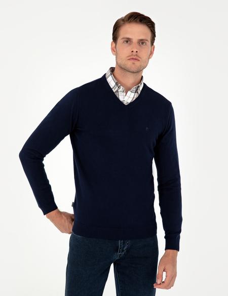 Lacivert Slim Fit V Yaka Basic Triko Kazak - 50296583013