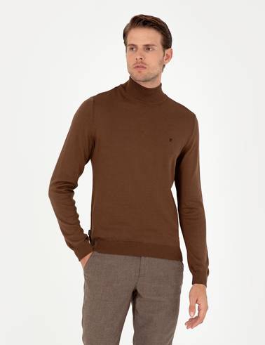 Koyu Kahverengi Slim Fit Yarım Balıkçı Yaka Basic Triko Kazak
