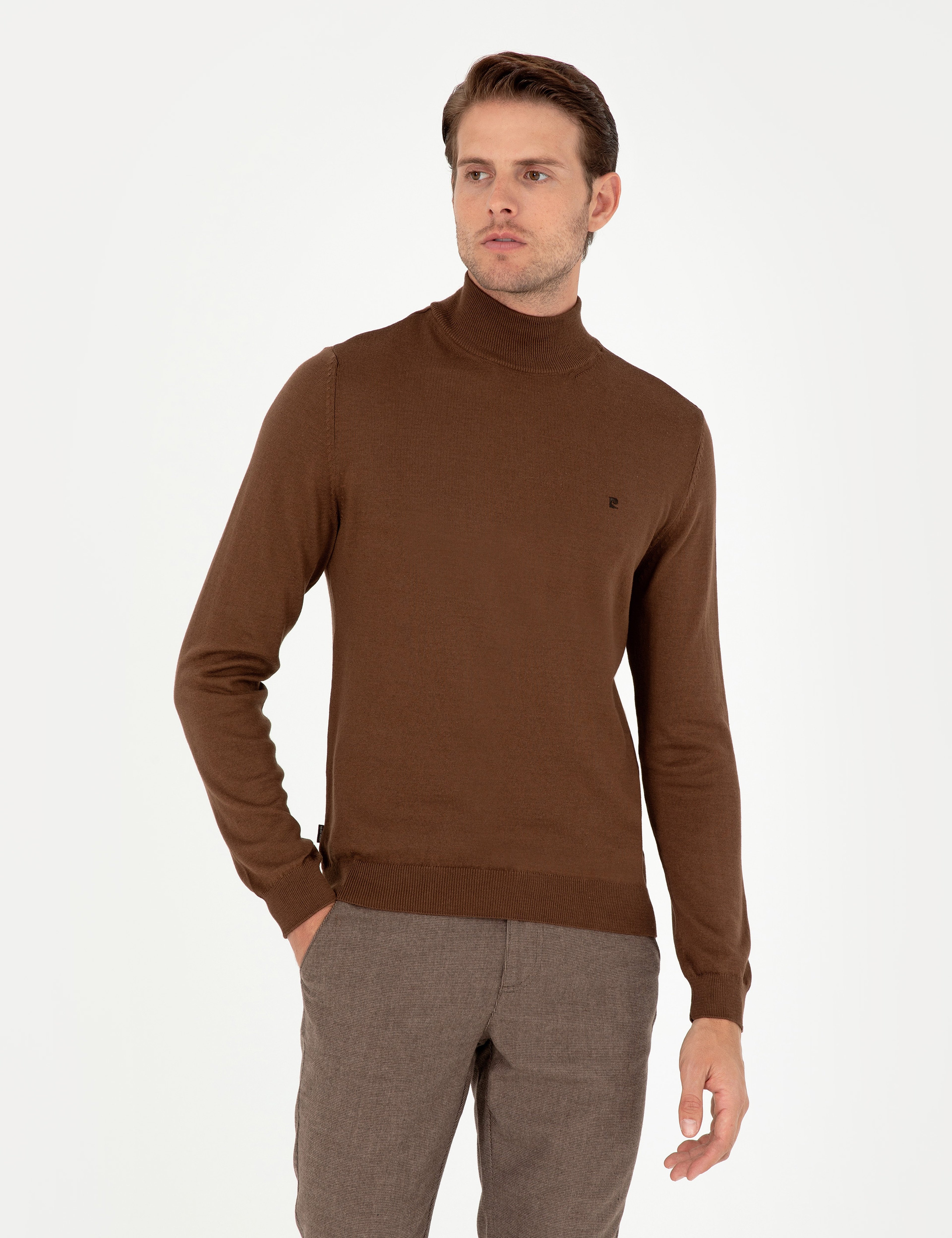 Koyu Kahverengi Slim Fit Yarım Balıkçı Yaka Basic Triko Kazak