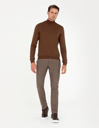 Koyu Kahverengi Slim Fit Yarım Balıkçı Yaka Basic Triko Kazak