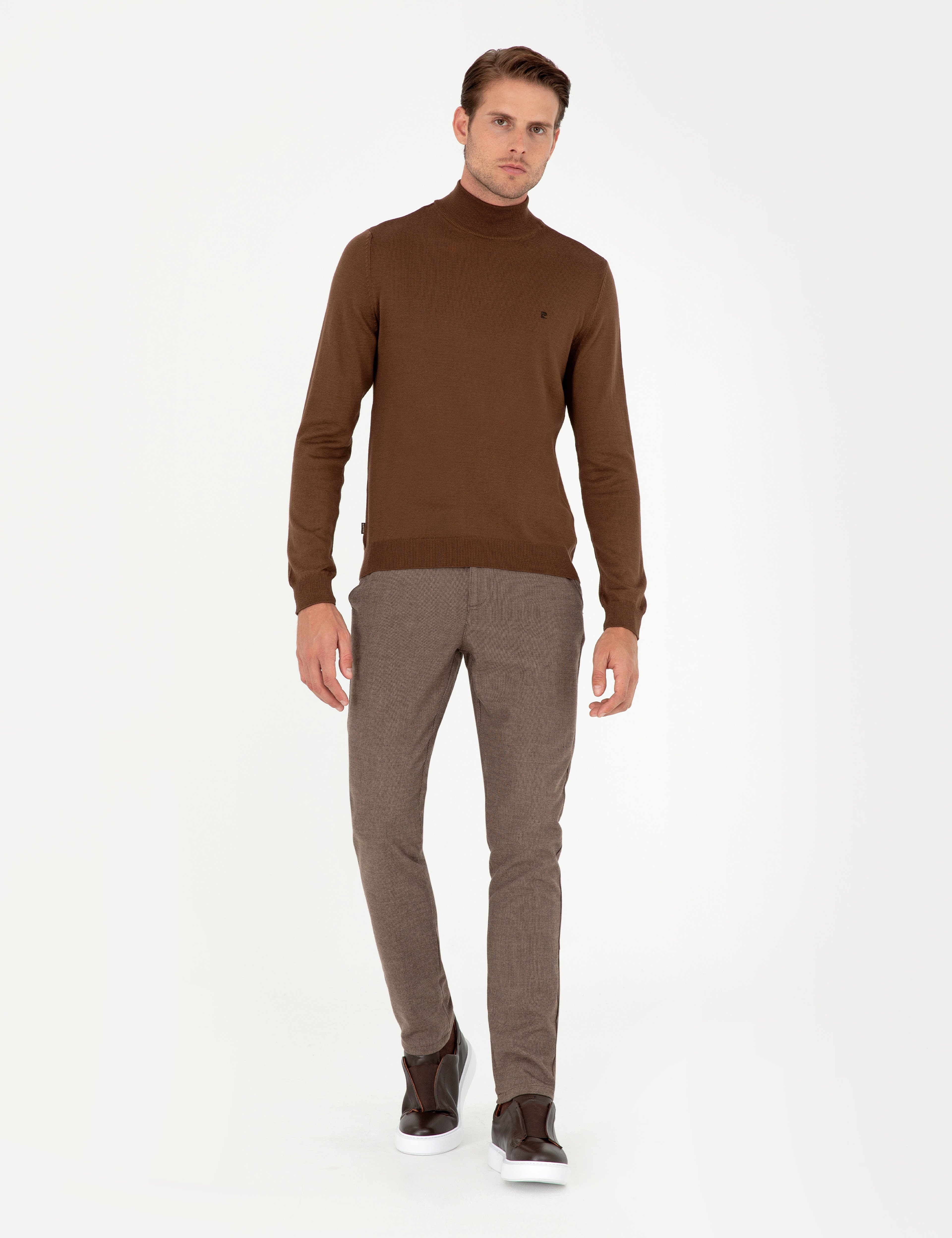 Koyu Kahverengi Slim Fit Yarım Balıkçı Yaka Basic Triko Kazak - Image 4