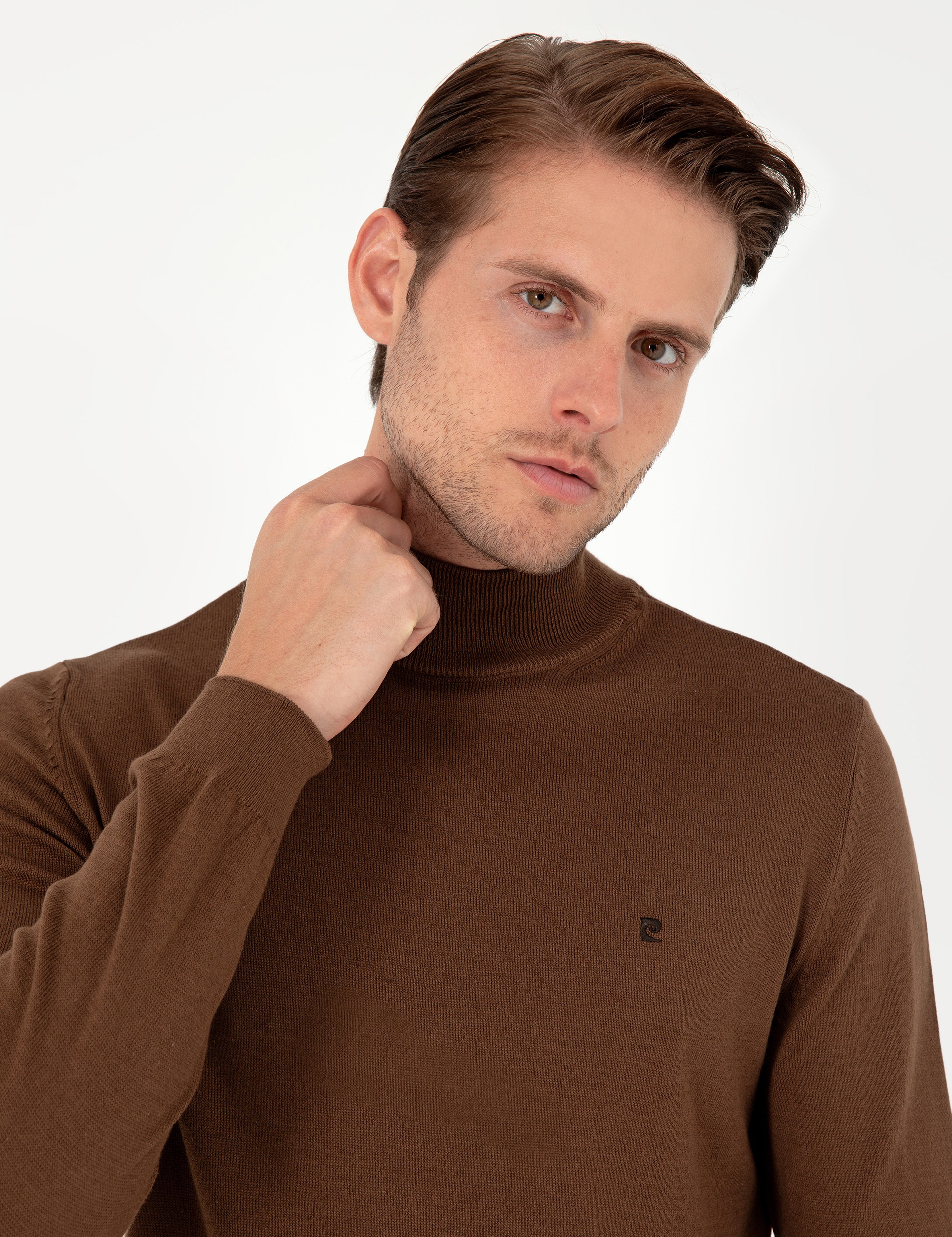 Koyu Kahverengi Slim Fit Yarım Balıkçı Yaka Basic Triko Kazak - Image 2