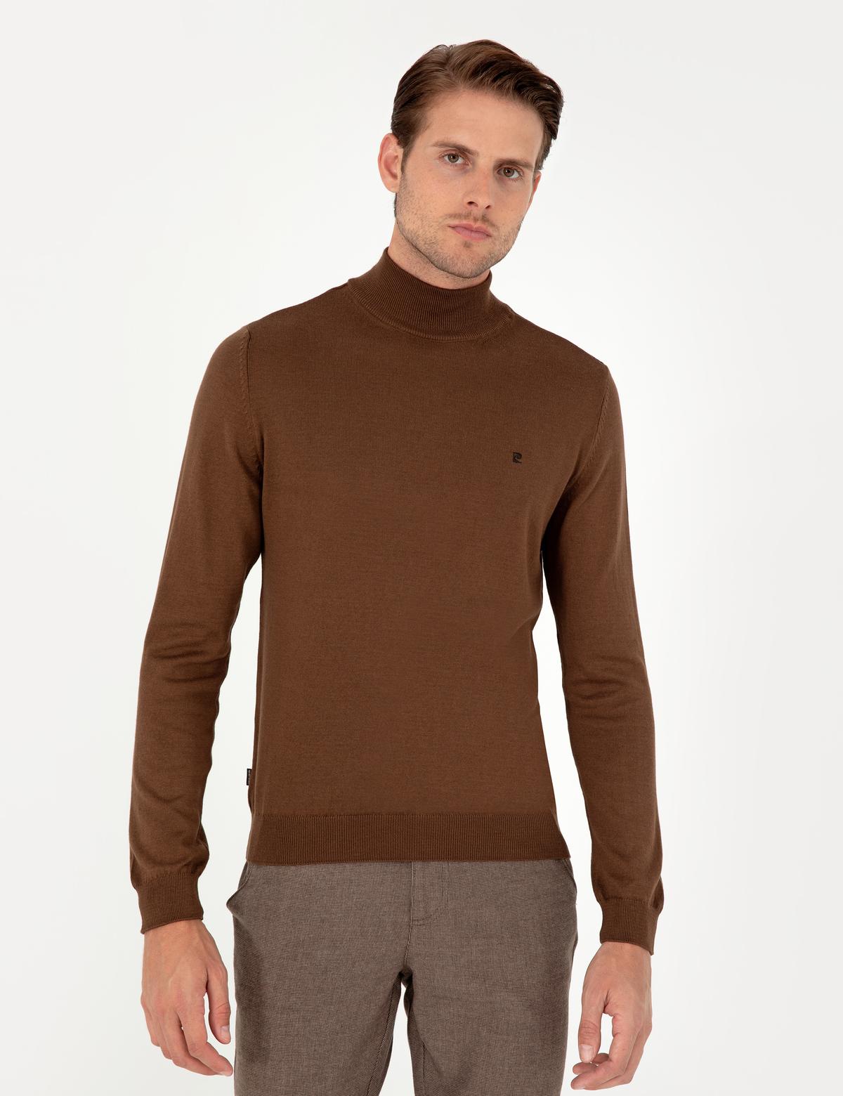 Koyu Kahverengi Slim Fit Yarım Balıkçı Yaka Basic Triko Kazak - 50296614057